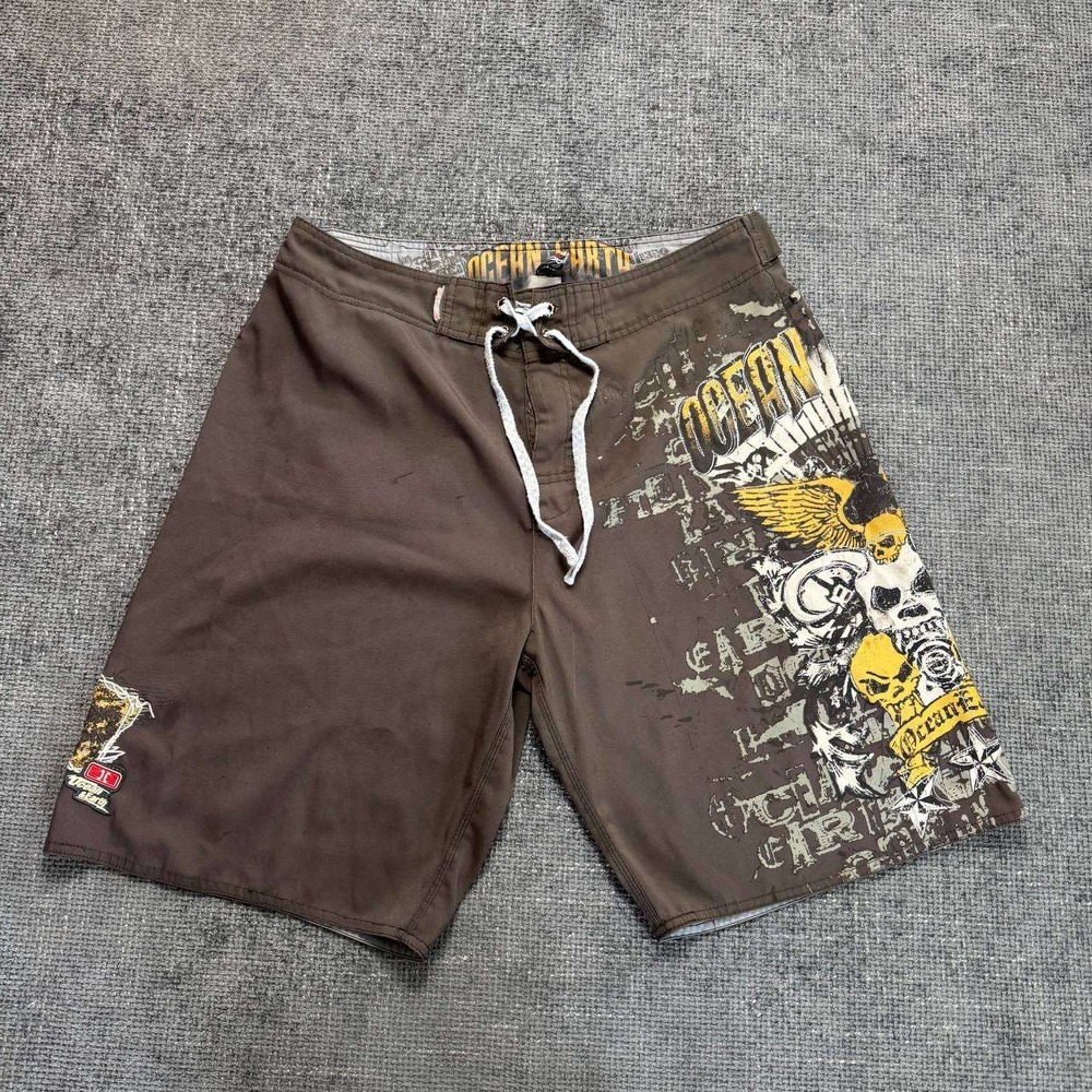 Ocean Earth Board Shorts Mens 36 Brown Skull Graphic Y2K Skate Surf